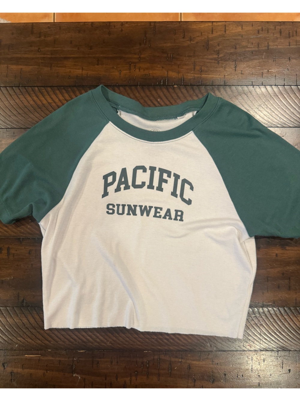 Pacific Sunwear White Tee with Forest Green Raglan Sleeves